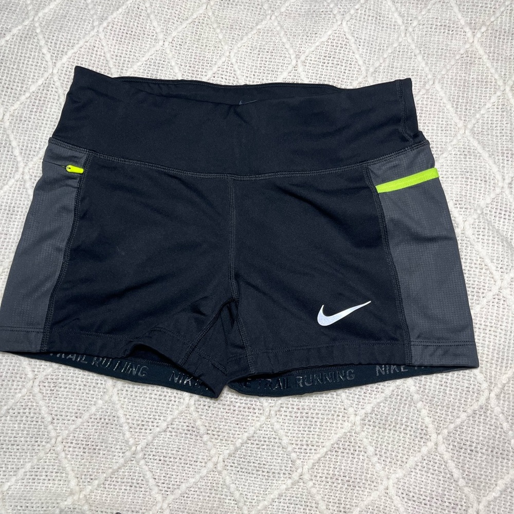 Nike Women's Black and Gray Athletic Shorts with Neon Accents